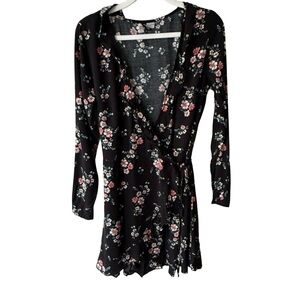 H&M Pink and Black Ruffled Floral Wrap Dress